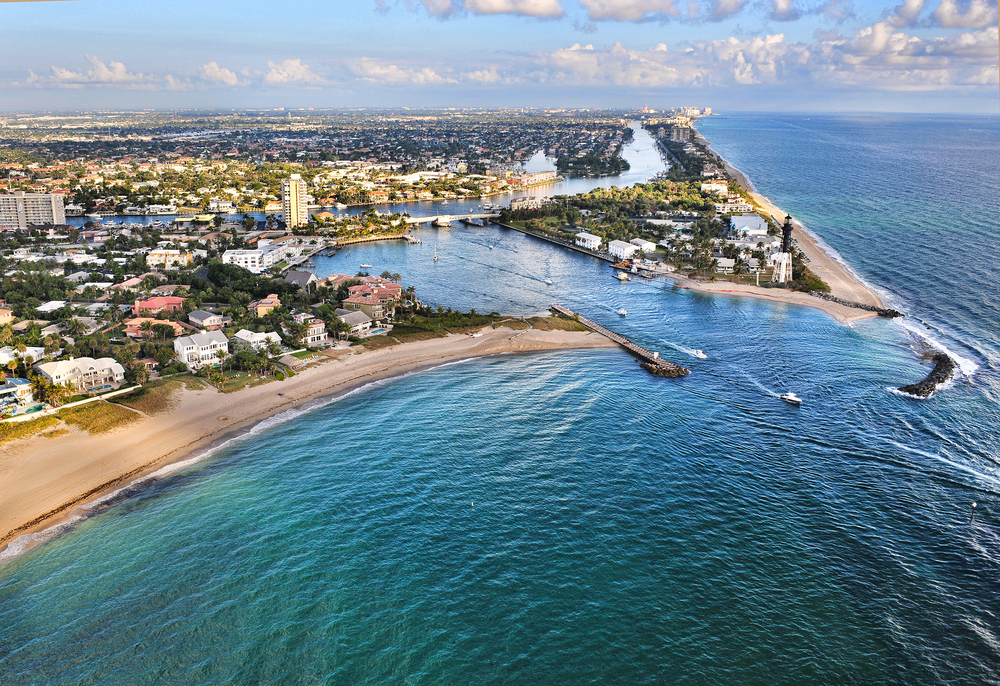 Aerial,View,Of,Hillsboro,Inlet,From,Atlantic,Ocean,To,Intracoastal