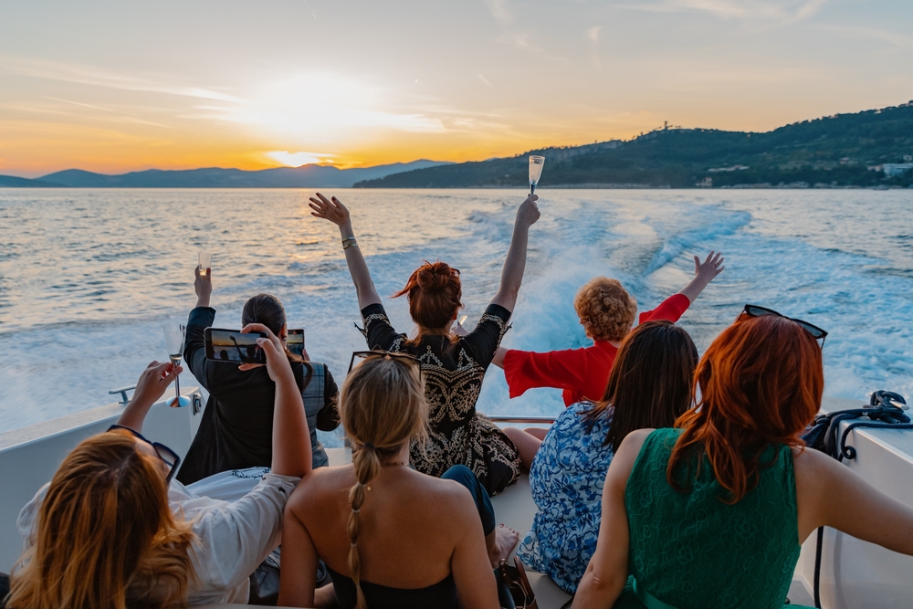 Women,In,The,Yacht,On,The,Sunset.,Birthday,Party,On